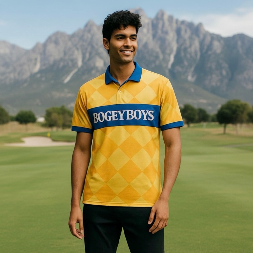 Bogey Boys by Macklemore Yellow Argyle Diamond Polo Golf Shirt, Size‎ L, NWT